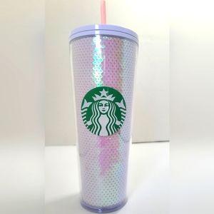 RARE Starbucks Pink White Sequin Shimmer Cold Cup Tumbler Holiday 2020 24 oz NEW